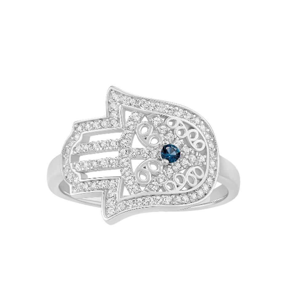 Sterling Silver Cubic Zirconia & Blue Nano Stone Hamsa Ring